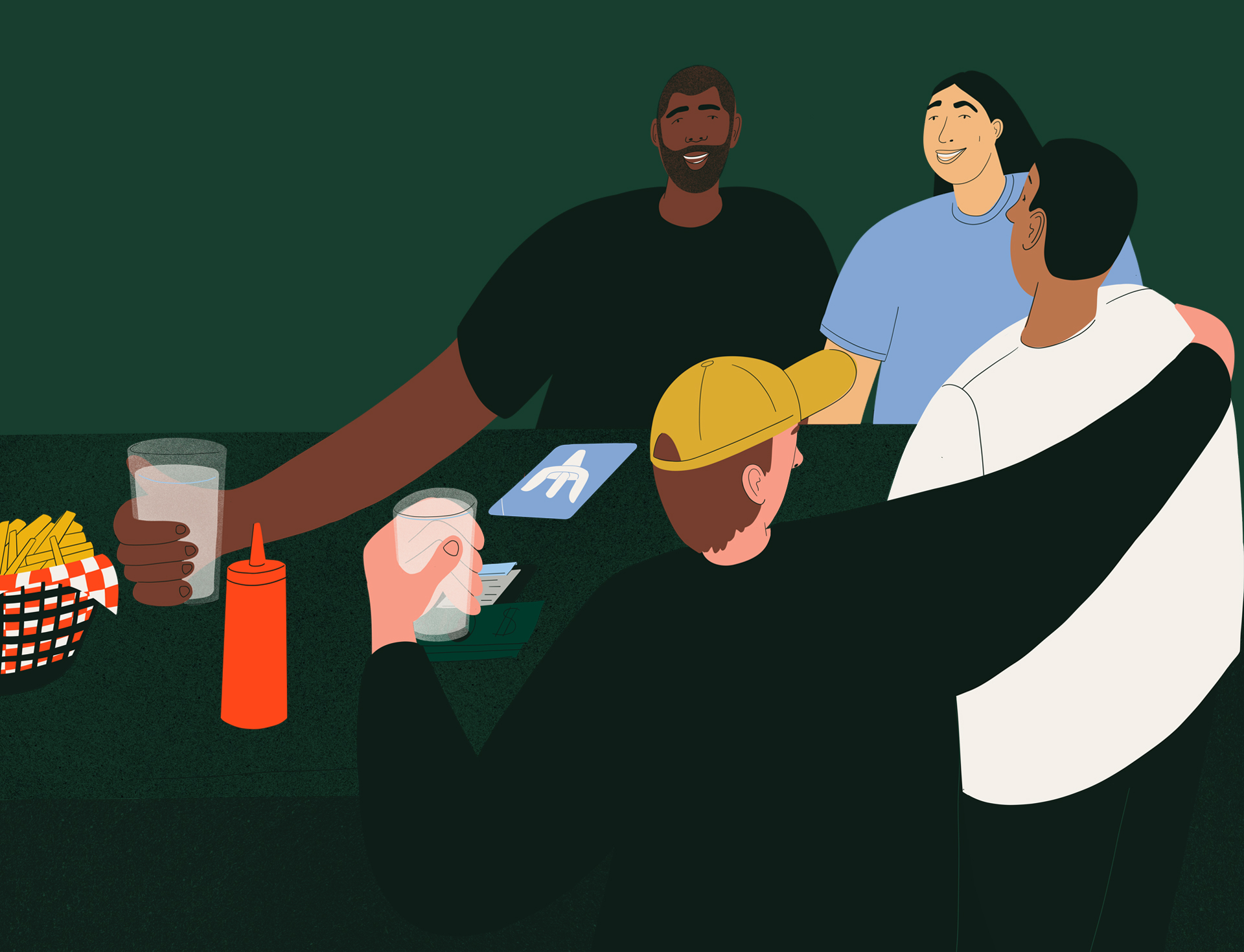 Illustration of friends eating fries and having naloxone on the table.